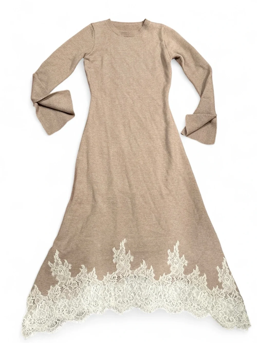 COSMINA Khaki Knit Sweater Dress with White Lace Trim Asymmetrical Hem S